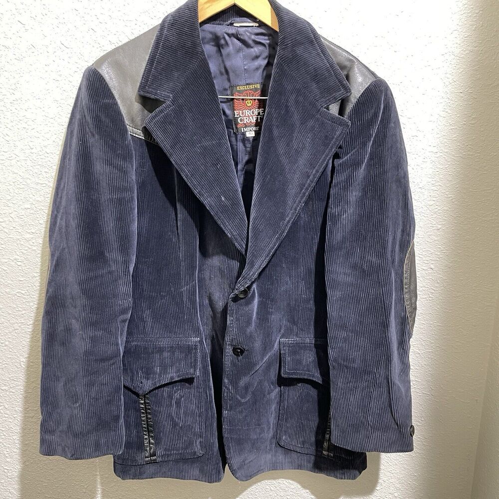 Vintage blazer jacket CORDUROY western sport suit coat 40 Leather Blue Black